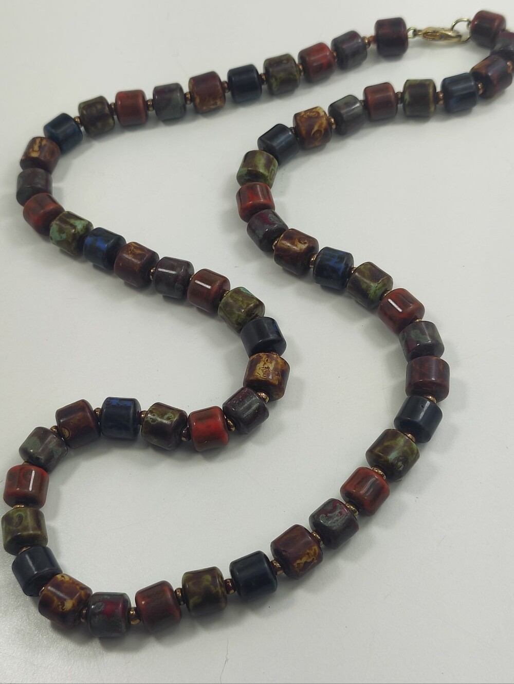 Artisan Ceramic Barrel Bead Necklace 24" Multicolor Earth Tone Blue Green Rust